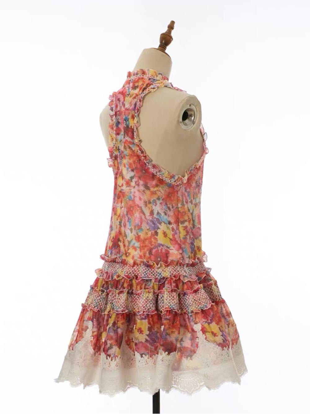 Designer Sleeveless Pink Floral Ruffle Mini Dress - Picture 4 of 12